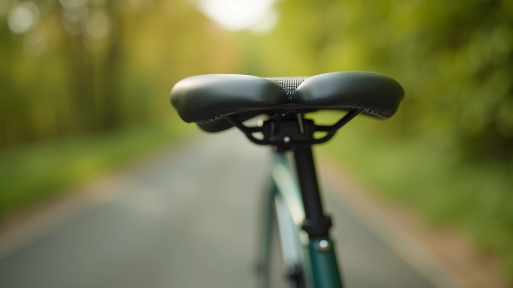 Close-up of a comfortable hybrid bicycle seat and frame detail