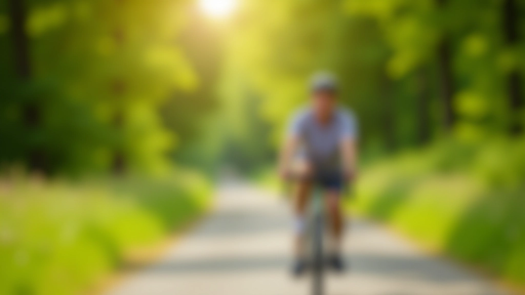 Senior cyclist on flat trail smiling at camera