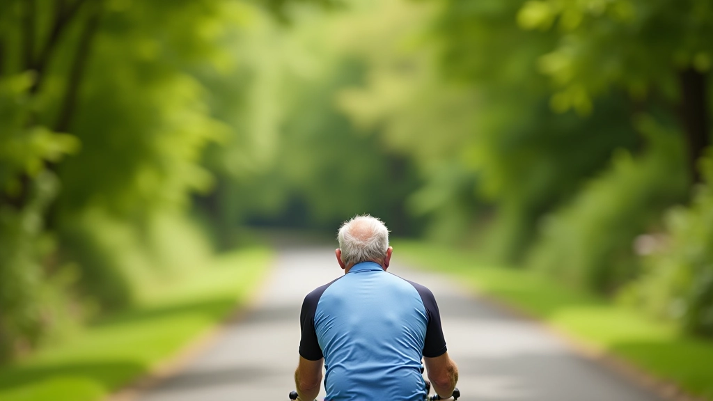 Cyclist navigating a paved cycling path with attention to road surface and surroundings