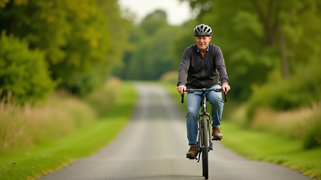 Cyclist riding on peaceful, flat rail trail surrounded by trees and natural landscape