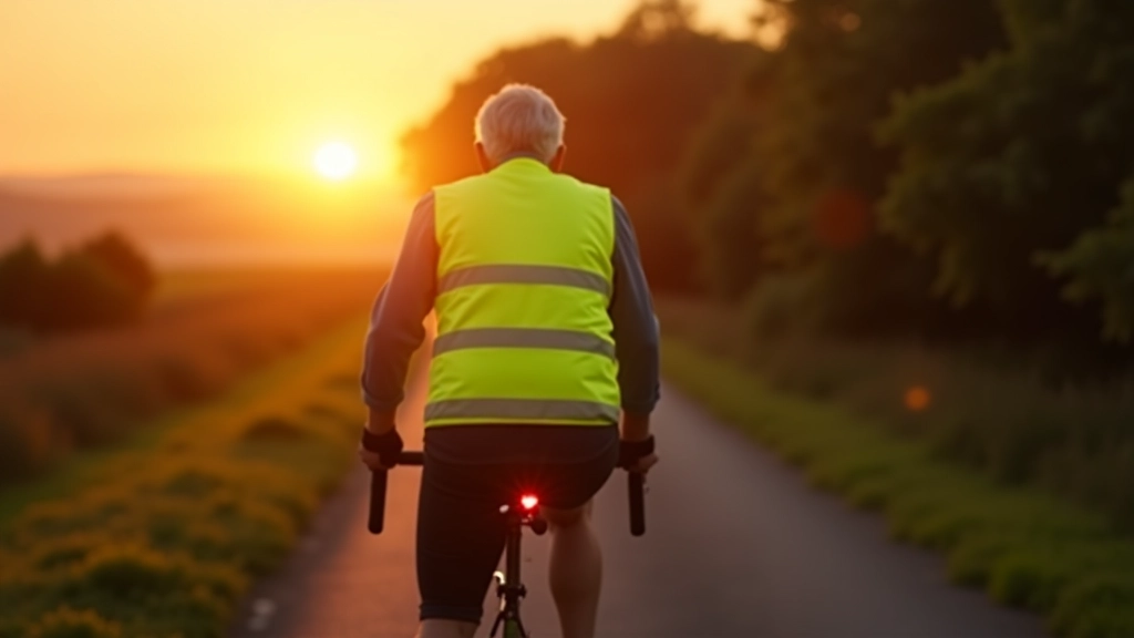 Cyclist riding on well-lit path with front and rear lights visible during dusk conditions