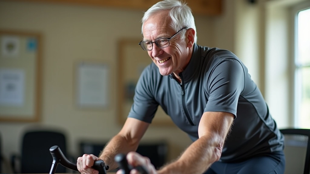 Cyclist demonstrating proper posture on a stationary bike, showing correct hand position on handlebars and upright body position