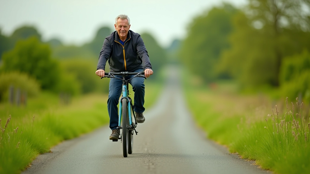 Senior cyclist riding confidently on the flat Old Rail Trail