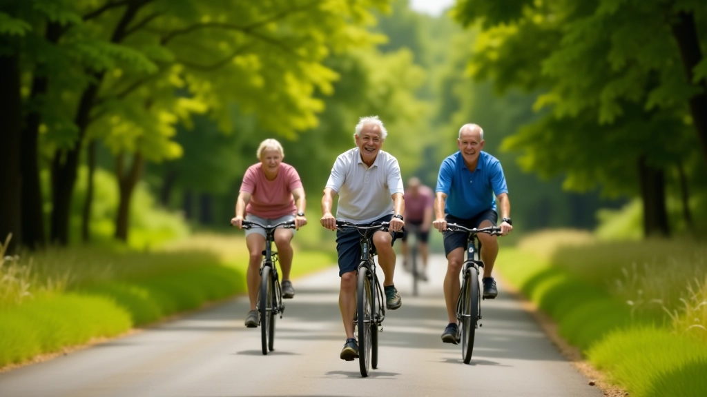 Group of senior cyclists on a sunny day on a flat trail