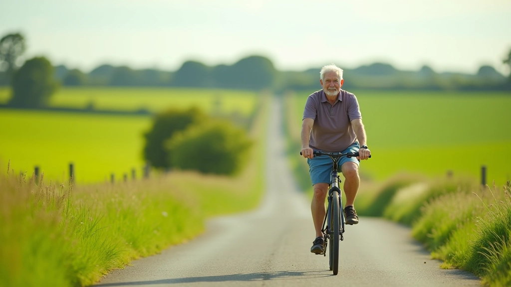 Older adults on a flat cycling trail with green fields in background, sunny day