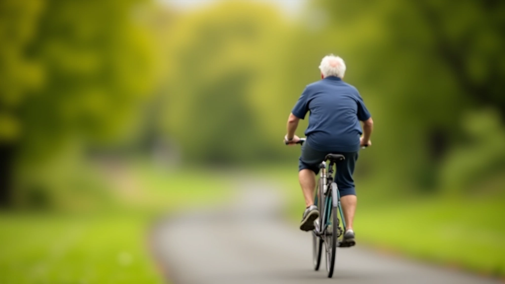 Older cyclist on a comfortable hybrid bike in a park setting