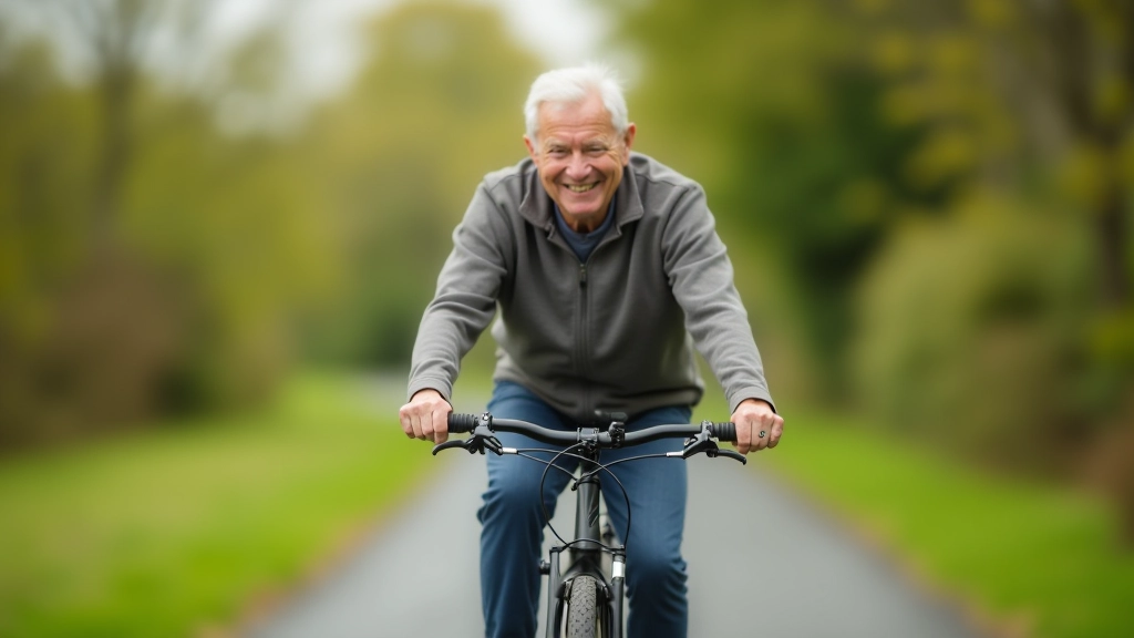 Older cyclist on a flat cycling path, smiling with confidence and proper form