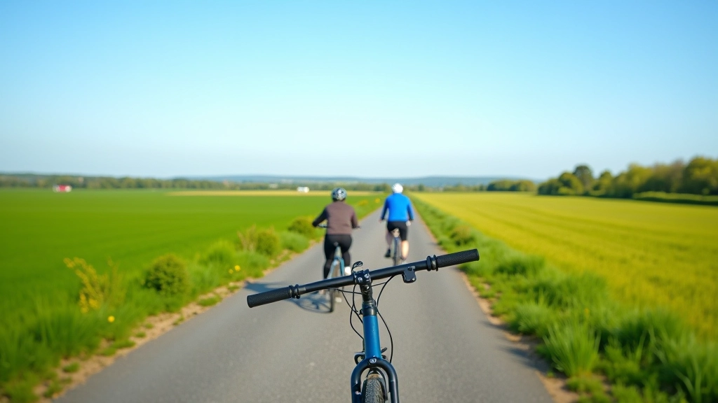 Older adults cycling together on a flat trail surrounded by green countryside, bright sunny day with clear blue sky