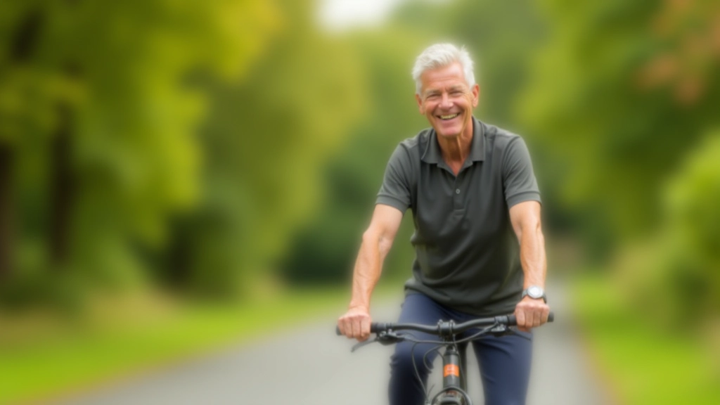 Confident older adult cyclist smiling while riding on a peaceful path, natural outdoor lighting, enjoying the experience