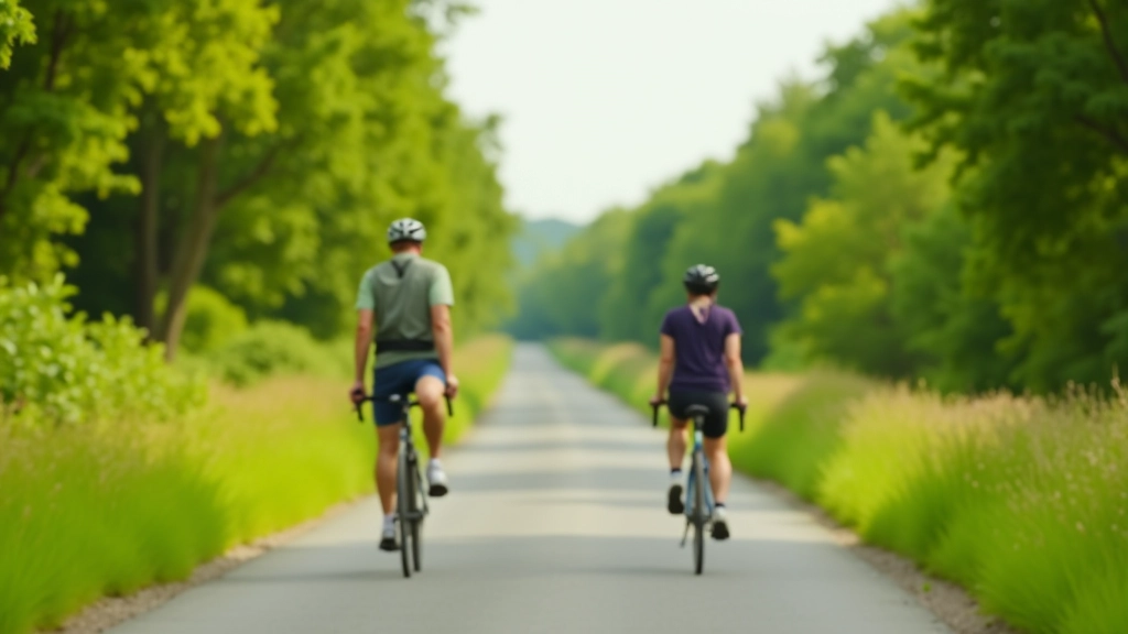 Senior cyclist riding on a flat, scenic rail trail with greenery on both sides, enjoying outdoor exercise on a clear day