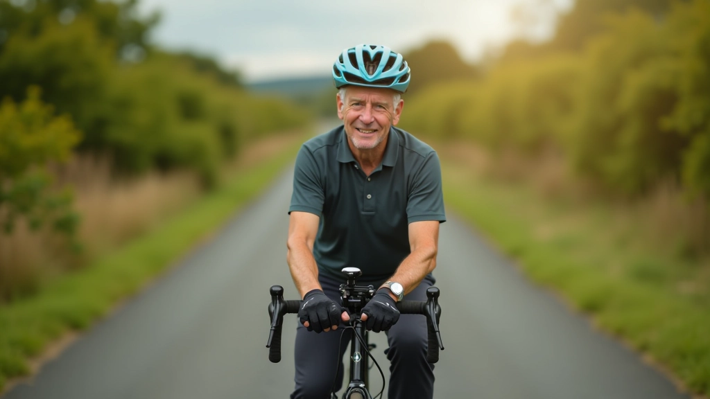 Older adult wearing safety helmet and cycling gloves, portrait from chest up, outdoors with blurred trail background